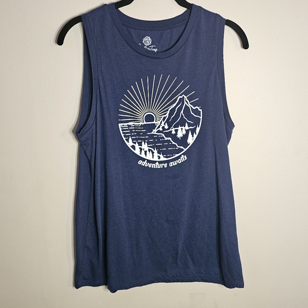 Positivitees Adventure Awaits Navy Blue Tank Top